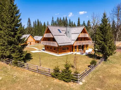 an overhead view of a large wooden house at Jakobs Lodge in Zgornje Gorje