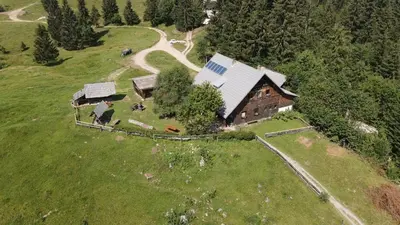 an aerial view of a house on a hill with horses at planinski dom Goška Ravan in Kamna Gorica