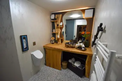 a bathroom with a vanity with a mirror and a toilet at Apartma Karakter in Maribor