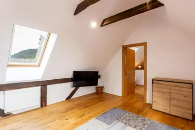 a attic room with a tv and a window at Pod Gora Boutique Hotel in Kranjska Gora