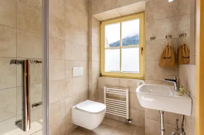 a bathroom with a toilet and a sink and a window at Pod Gora Boutique Hotel in Kranjska Gora