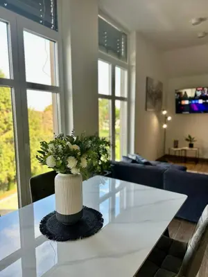 a vase with flowers on a table in a living room at Apartma La Vie in Kostanjevica na Krki