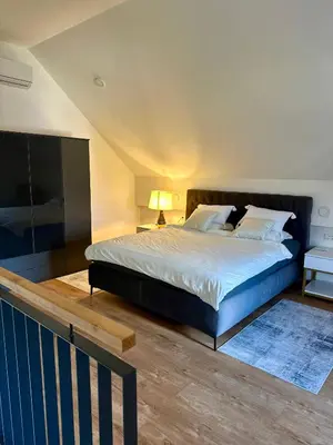 a bedroom with a large bed and a television at Apartma La Vie in Kostanjevica na Krki