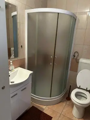 a bathroom with a shower with a toilet and a sink at Melisa's Holiday Home in Mostec