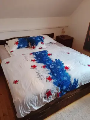 a bed with christmas decorations on top of it at Melisa's Holiday Home in Mostec