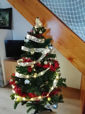 a christmas tree with silver and red decorations at Melisa's Holiday Home in Mostec
