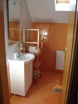 a bathroom with a sink and a mirror at Apartment Veduta in Bovec