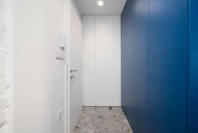 a bathroom with a blue door and a white wall at Petka apartments in Ljubljana