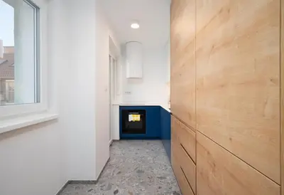 a hallway of a house with a fireplace at Petka apartments in Ljubljana