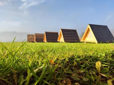 a row of houses in a field with grass at Glamp Pr Kuzuc in Cerklje na Gorenjskem