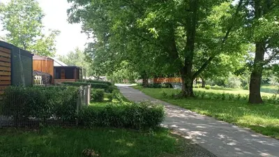a road next to a field with trees and a building at BIG BERRY Kolpa - MIR mobile house in Gradac