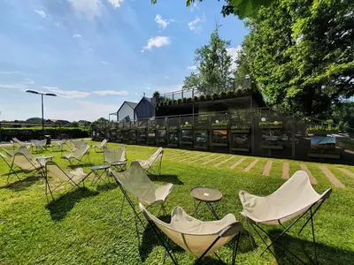 a group of chairs and tables on the grass at BIG BERRY Kolpa - MIR mobile house in Gradac