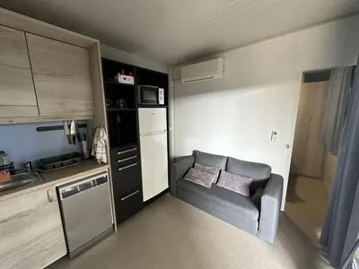 a small kitchen with a couch in a small room at BIG BERRY Kolpa - MIR mobile house in Gradac