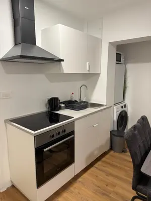a white kitchen with a stove and a sink at Apartmaji MAS 1 in Ljubljana