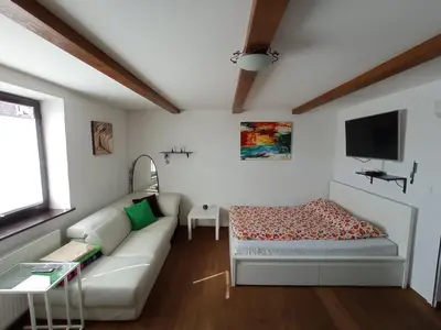 a living room with a couch and a flat screen tv at Private house near Terme Čatež in Cerklje ob Krki