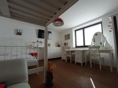 a bedroom with a bed and a desk and a mirror at Private house near Terme Čatež in Cerklje ob Krki