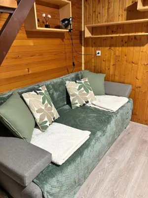 a green couch with pillows on it in a room at Oddam hiško Lipa Čatež - Čateške Toplice in Brežice