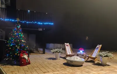 a christmas tree in a room with chairs and a table at Apartma Ariana in Loče pri Poljčanah