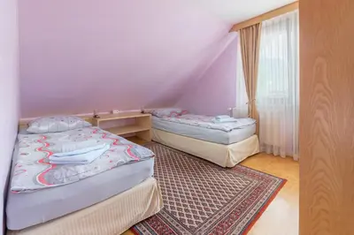 two twin beds in a room with a rug at Apartment Jakovc in Bohinj