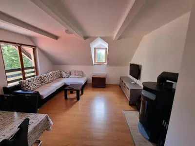 a living room with a couch and a tv at Apartment Rogla Residence in Vitanje