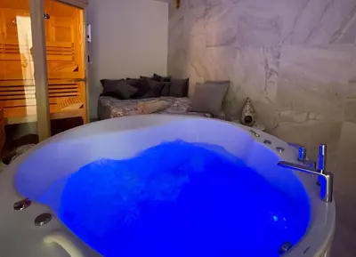 a blue bath tub in a bathroom with a bed at Vila Brinje Private room with spa in Dol pri Ljubljani