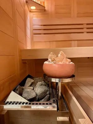 a sauna with a bowl on top of a grill at Vila Brinje Private room with spa in Dol pri Ljubljani