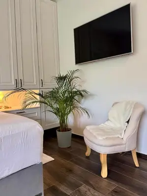 a bedroom with a chair and a tv on a wall at Vila Brinje Private room with spa in Dol pri Ljubljani
