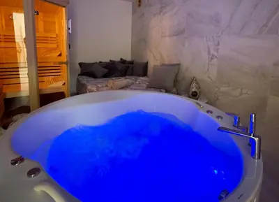 a large blue tub in a bathroom with a bed at Vila Brinje Private room with spa in Dol pri Ljubljani