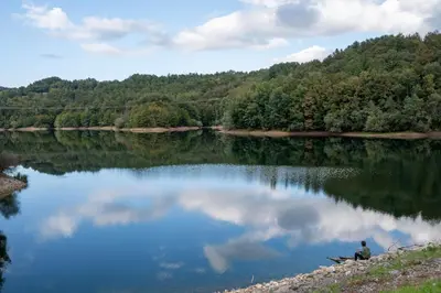 a person sitting on the shore of a lake at Horse Whispering Ranch apartma in Ilirska Bistrica