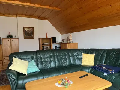 a green leather couch with a wooden coffee table at Pr Fajfarju in Spodnja Sorica