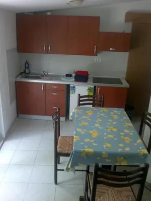 a kitchen with a table with a tablecloth on it at Farm Stay Ferjančič in Vipava
