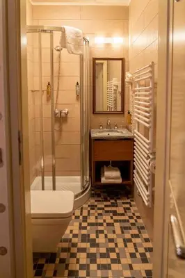 a bathroom with a shower toilet and a sink at Hotel Ptuj in Ptuj