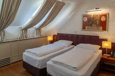 two twin beds in a bedroom with a window at Hotel Ptuj in Ptuj