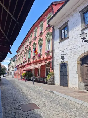 a cobblestone street in a town with buildings at Hotel Ptuj in Ptuj