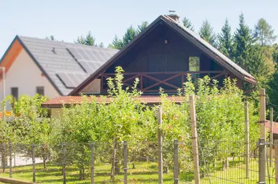 a house with a bunch of trees and a fence at Grunthouse in Prebold