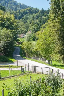 a winding road with a fence next to a mountain at Grunthouse in Prebold