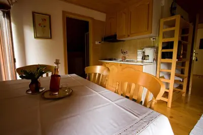 a kitchen with a table and chairs and a kitchen with a counter at Farm Soržev mlin in Nova Cerkev