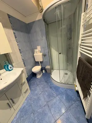 a bathroom with a shower and a toilet and a sink at Industrial studio 5 in Ljubljana
