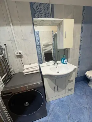 a bathroom with a sink and a toilet and a mirror at Industrial studio 5 in Ljubljana