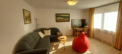 a living room with a couch and a table at Apart House ROJER in Ljubno