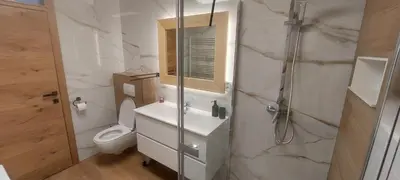a bathroom with a toilet and a sink and a shower at Apart House ROJER in Ljubno