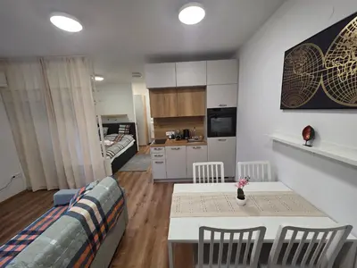 a kitchen and living room with a table and a couch at Vila Brod in Ljubljana