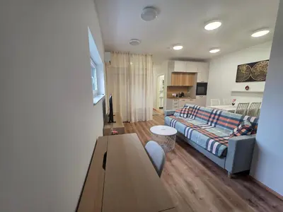 a living room with a couch and a table at Vila Brod in Ljubljana