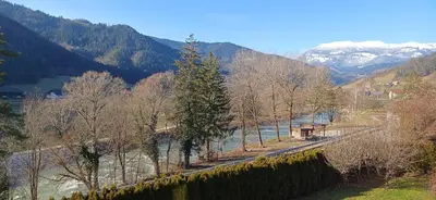 a view of a river with trees and mountains at House Planinka in the heart of nature in Ljubno