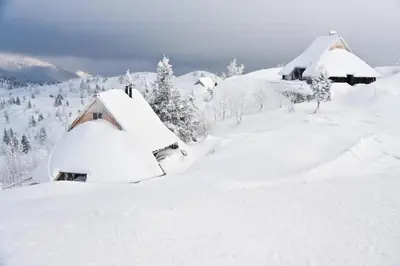 a group of houses covered in snow at Chalet Tisa Velika Planina in Stahovica