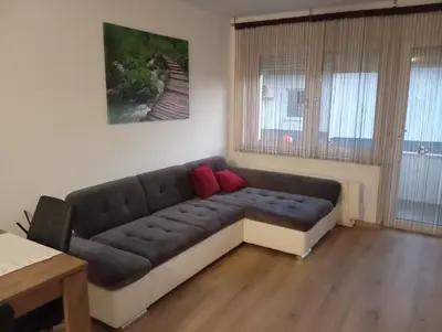 a living room with a couch with two red pillows at Apartmaji Divji vrt in Lendava