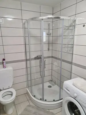 a bathroom with a shower with a toilet and a sink at Apartmaji Divji vrt in Lendava