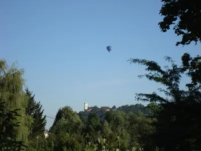a kite flying in the sky above trees at Ljubljanica Apartment in Ljubljana