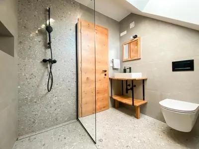 a bathroom with a shower with a toilet and a sink at KOČA ODMEV Obolno in Ivančna Gorica