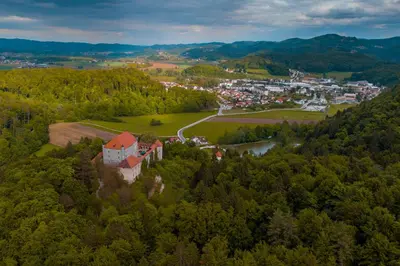 an aerial view of a small town in the mountains at Holiday home in Trzisce - Kranjska (Krain) 54981